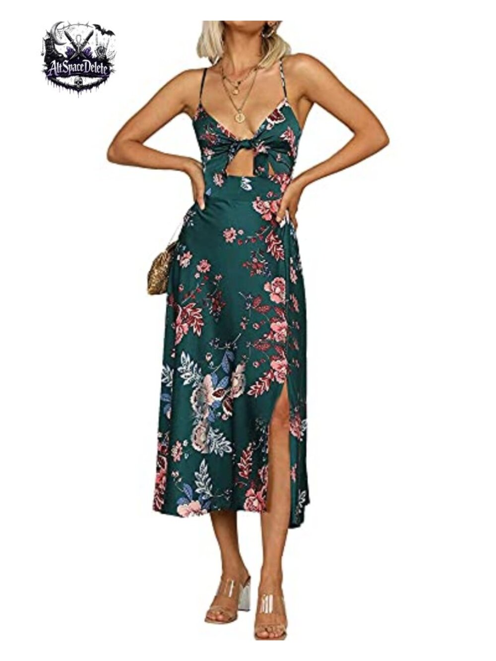 Floral Satin Midi Dress Tie Front Backless Split Spaghetti Strap Summer Casual